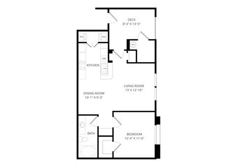 Floor plan for 1 bed, 1 bath, 715 sqft